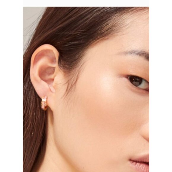 TORY BURCH SERIF T PINK ENAMEL HUGGIE HOOP EARRINGS - Picture 3 of 6